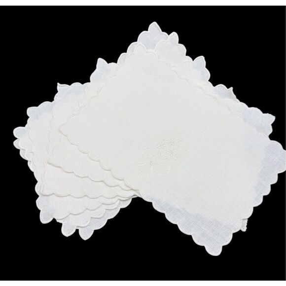 Linen Cocktail Napkins Set of 6 White On White Floral Embroidery 5.5” X 8” - Picture 2 of 8